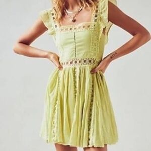 Free People One Lime Yellow Crochet Lace Square Neck Mini Verona Dress Size M